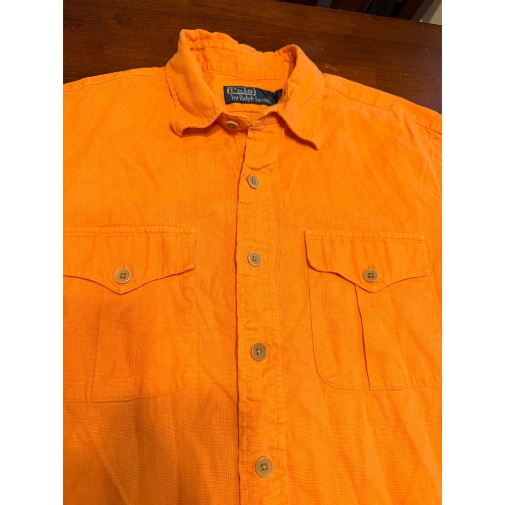 Polo Ralph Lauren Mens Linen Cotton Shirt Large Orange Short Sleeve Button Up